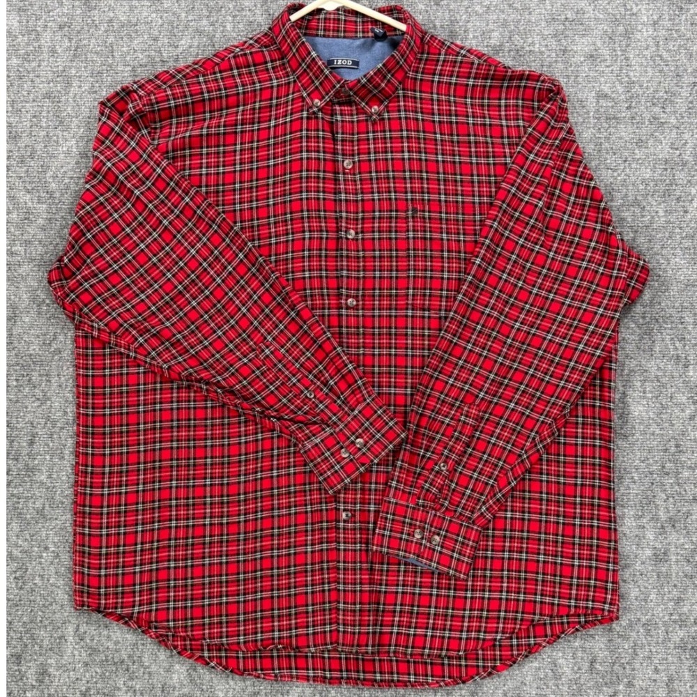 IZOD Flannel Shirt Men's XXL Red Black Plaid Cotton Blend Button Down